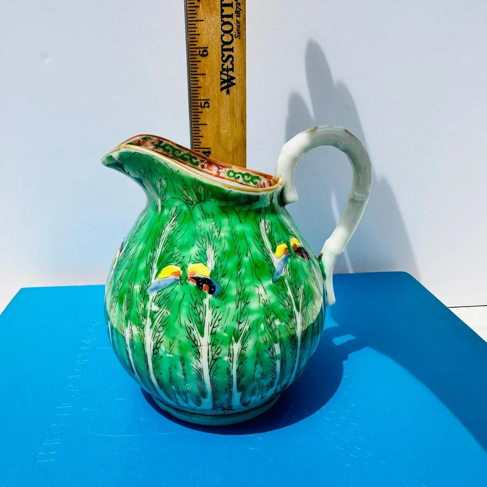 Antique Hand Painted Bok Choy Cabbage Porcelain Pitcher Bamboo Handle Creamer